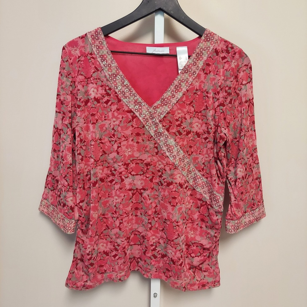 JH Collectibles Pink‎ Floral Mesh V-Neck Faux Wrap Top Grommet L Boho Y2K